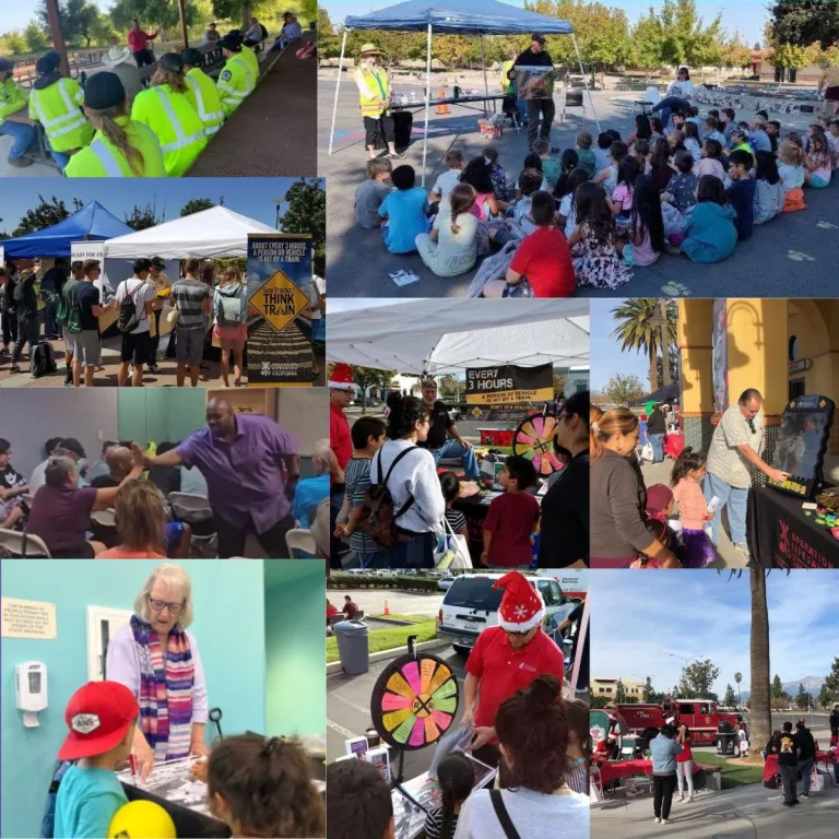 A collage of community event scenes, including safety demos, children watching shows, people at booths, spinning prize wheels, activities for kids, and fire trucks parked outside under sunny skies.